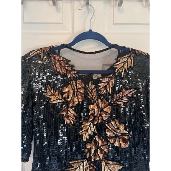 Vintage 80's Stenay Short Sleeve Sequin Floral 100% Silk Formal Blouse Size XL - Picture 2 of 9